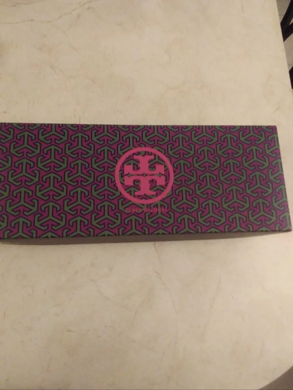 Tory Burch Blue Patent Logo Thong Sandals with Geometric Print Footbed